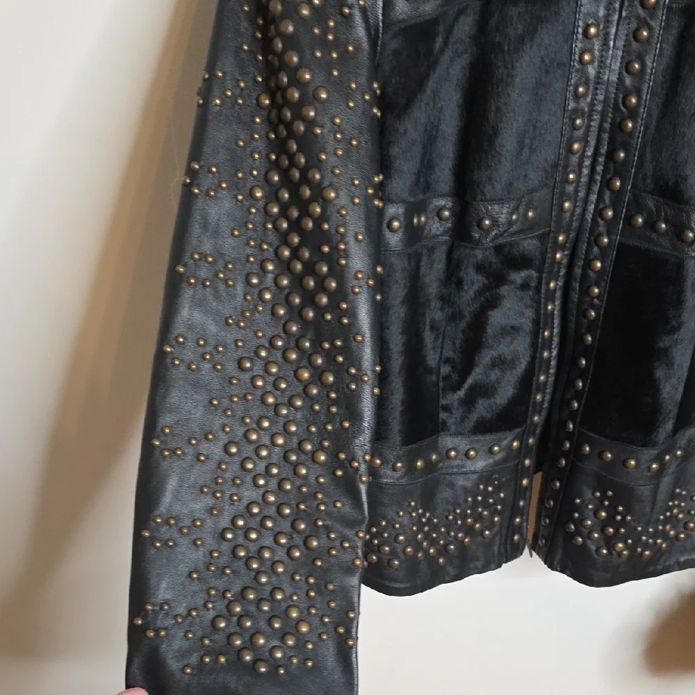 Cache Vintage Black Leather Jacket with Studs and Fur Sz 12 - Picture 5 of 14
